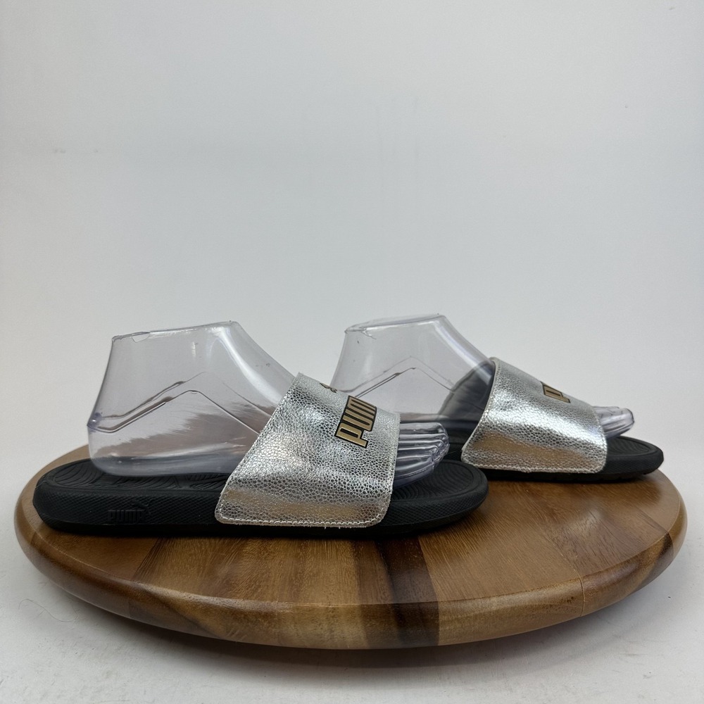Mens Puma‎ Cool Cat 2.0 Metallic Silver Faux Leather Logo Casual Slides Size 7 M